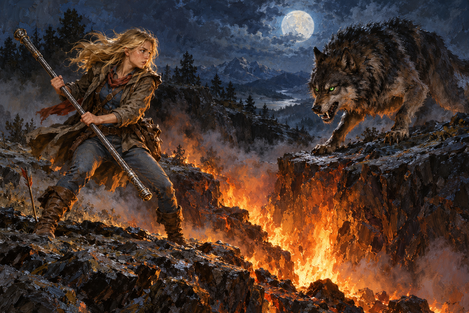 Sam braces with a metal staff on a windswept hill as a great wolf faces her across a firelit crevice.
