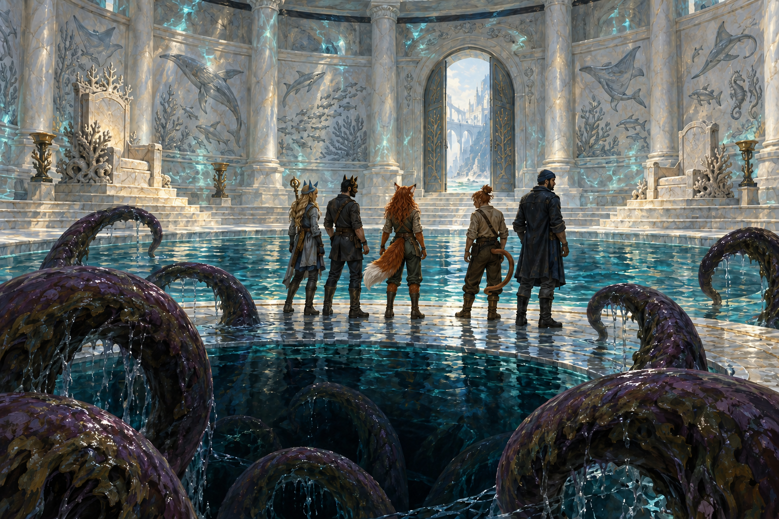 Five travelers stand beside a round pool in a white-marble palace while dark tentacles rise behind them.