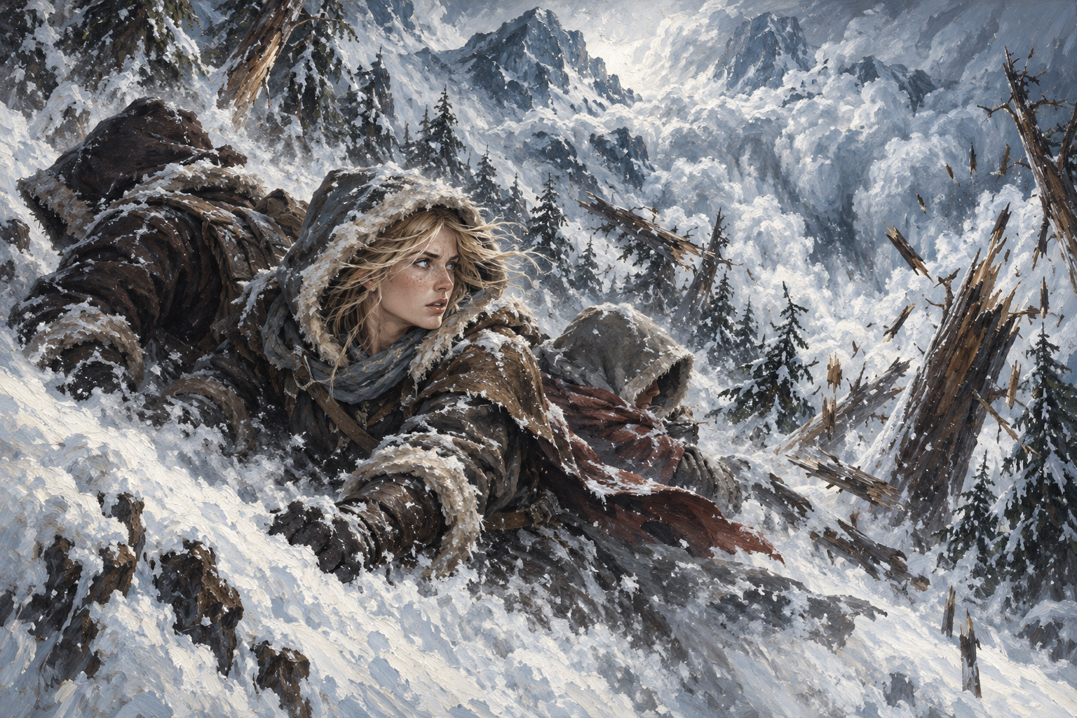 Sam and her close companions brace on a mountain trail as an avalanche splinters trees through a howling snowstorm.