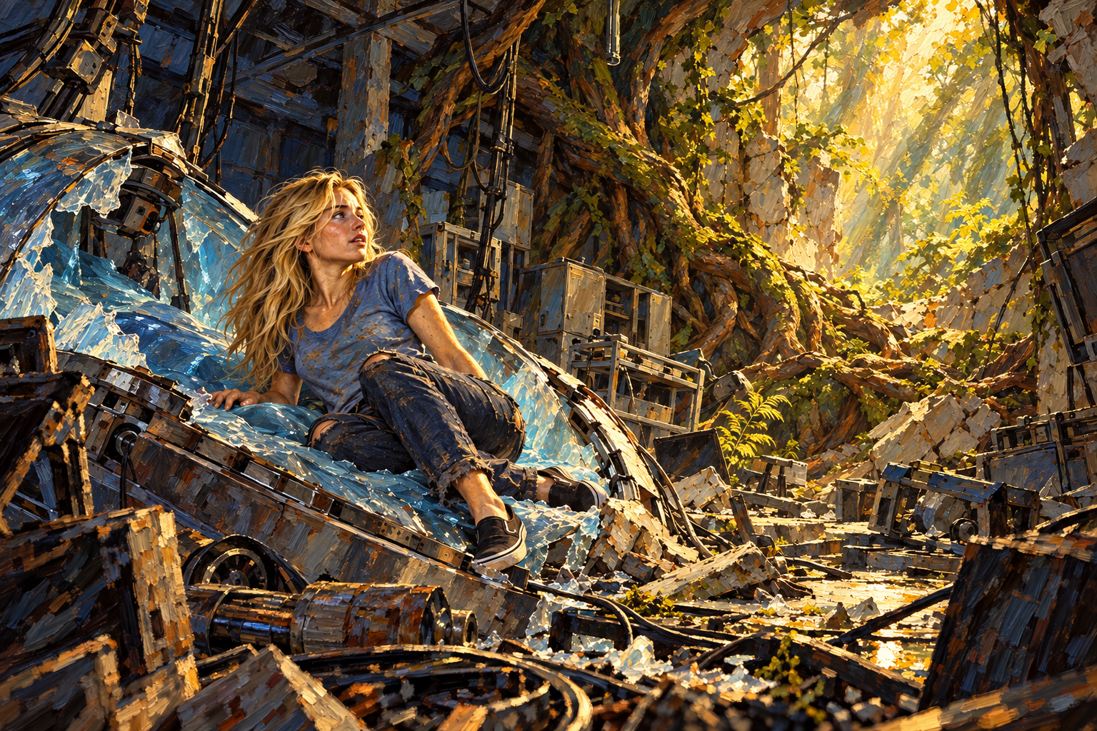 A blonde young woman in a dust-blue T-shirt and worn jeans braces herself inside a ruined laboratory threaded with great tree roots.