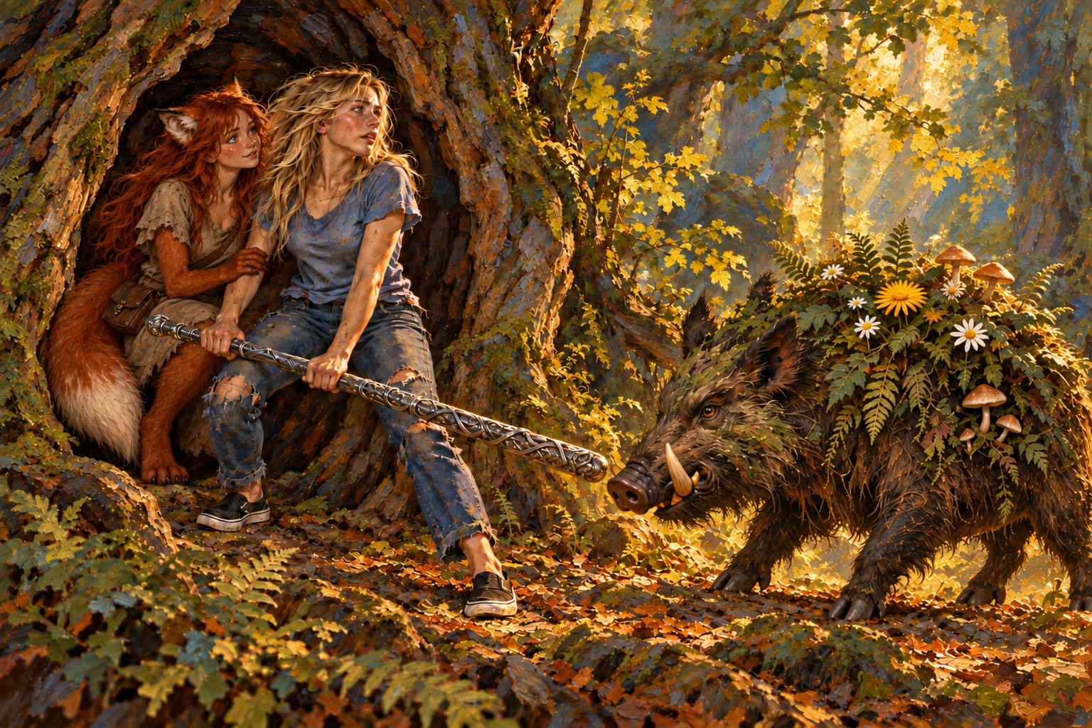 Sam shields Cedar inside a hollow oak, holding a metal staff against the approach of a tusked woodland boar.