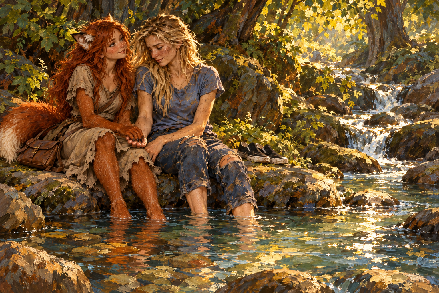Cedar places her clawed hand in Sam’s palm as they sit beside a forest stream.