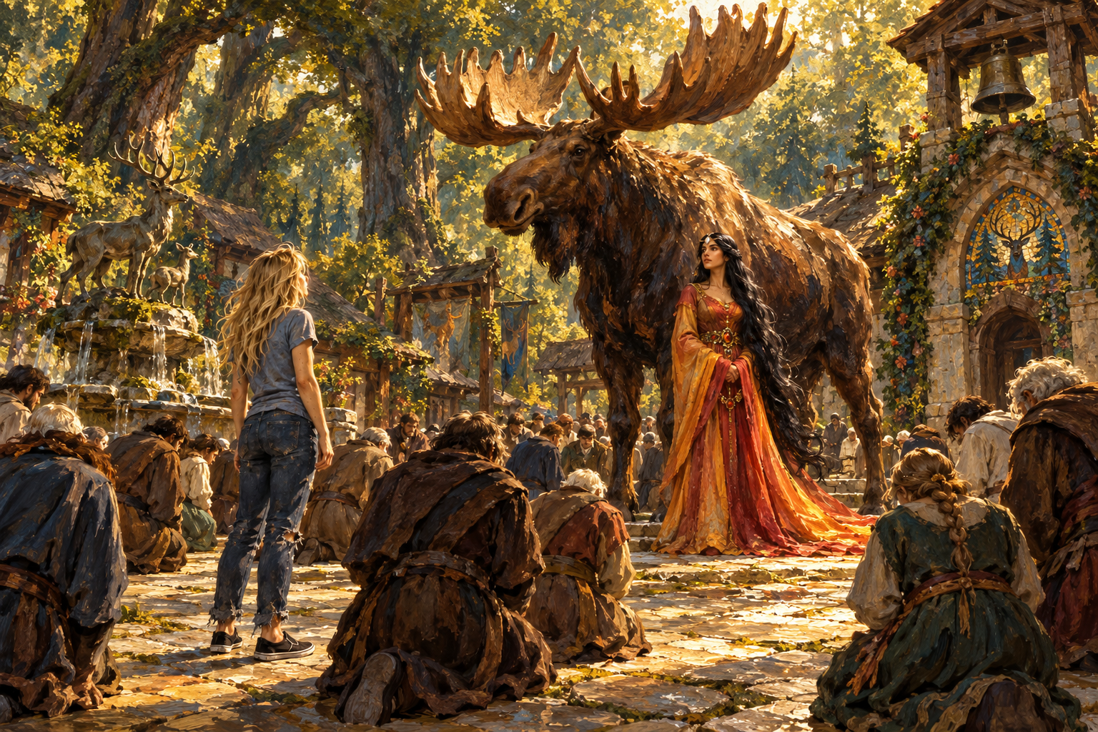 An immense moose and a woman in a flowing sunset-colored dress enter a woodland village square while Sam stands among kneeling villagers.