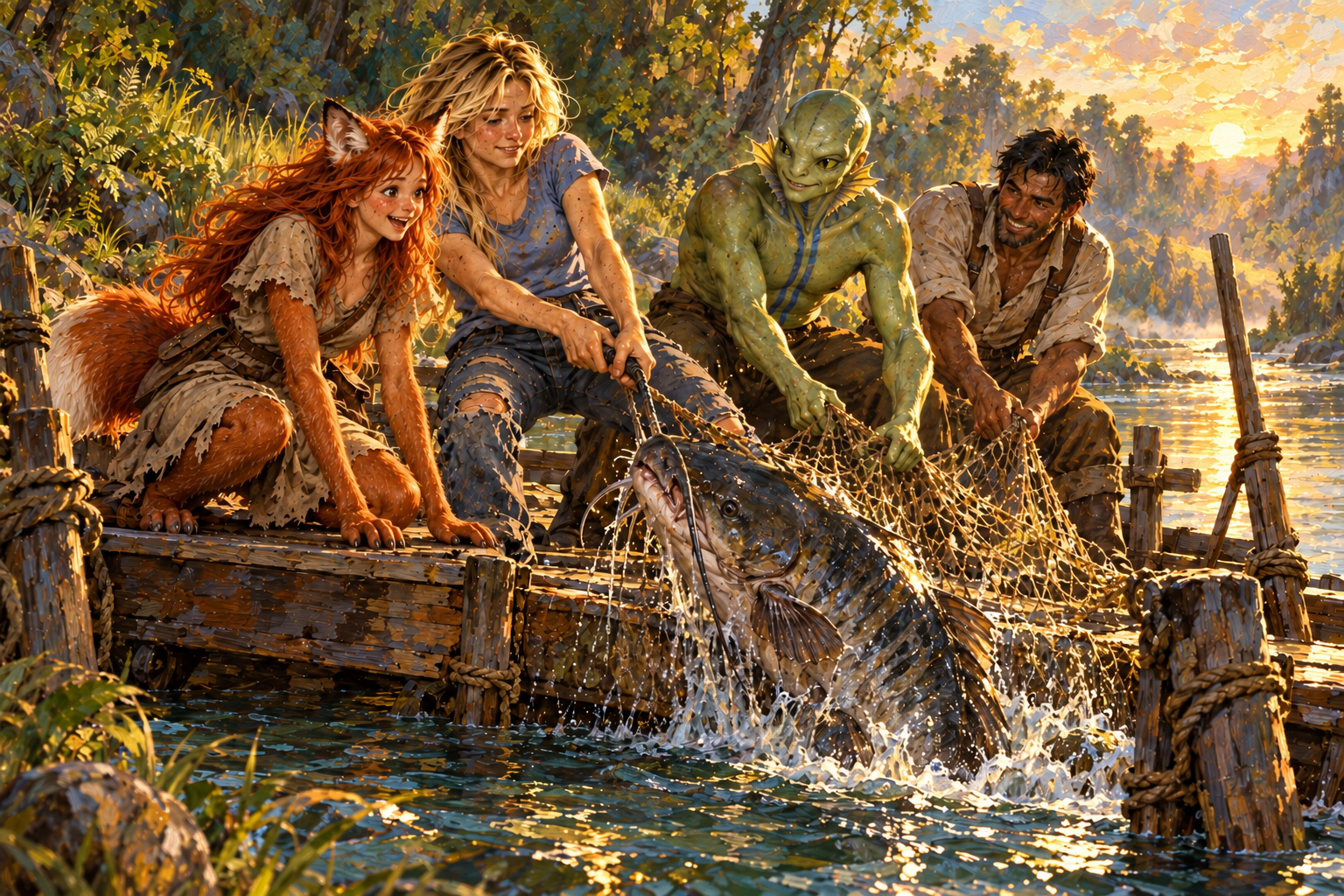 Sam pulls a striped, whiskered fish beside a small river ferry as Amph and Bram help with a woven net.