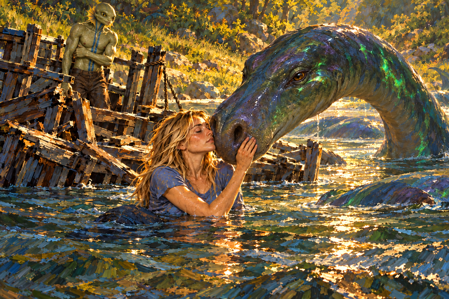 Sam floats beside a damaged ferry, resting one hand on the great iridescent nose of a long-necked lake creature.