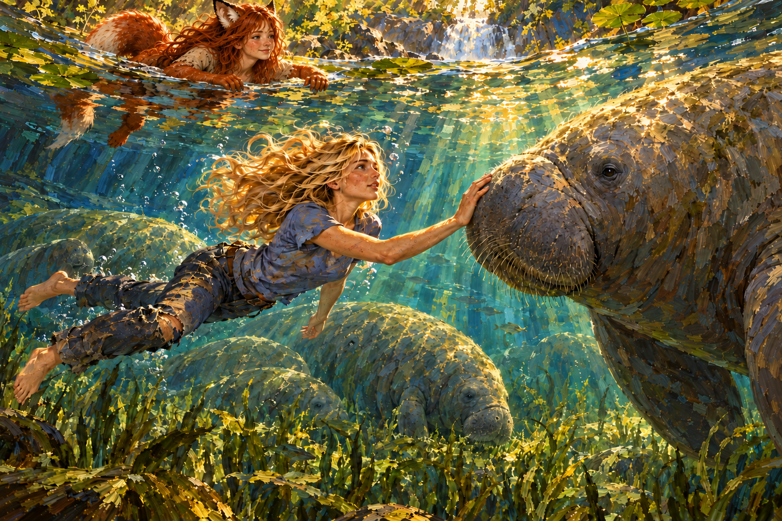 Underwater, Sam touches the whiskered snout of a gray-brown sea cow while Cedar floats near the sunlit surface.