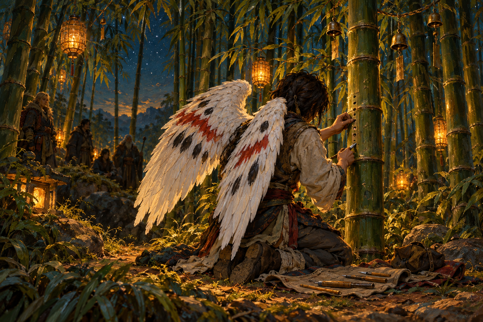 A young winged craftsperson kneels beside standing bamboo, carving a wind instrument under evening lanterns.