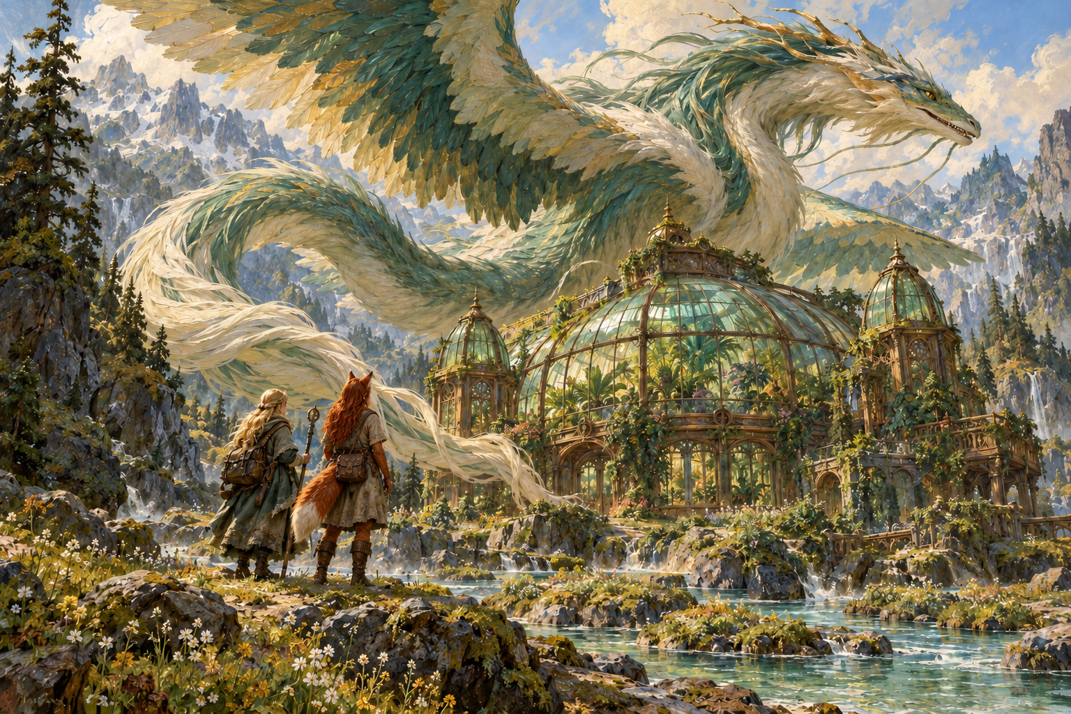 Sam and Cedar face an immense feathered dragon hovering above a jade-glass greenhouse in a mountain landscape.