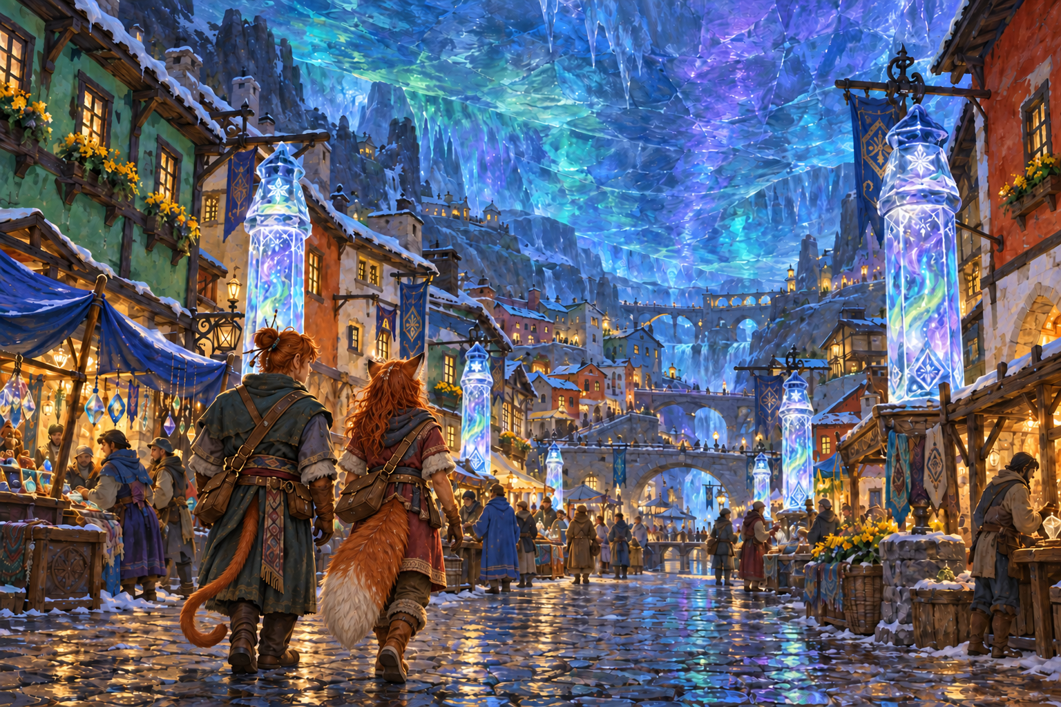 Cedar and Fin explore colorful festival streets beneath an ice sheet reflecting blue, green and purple lantern light.