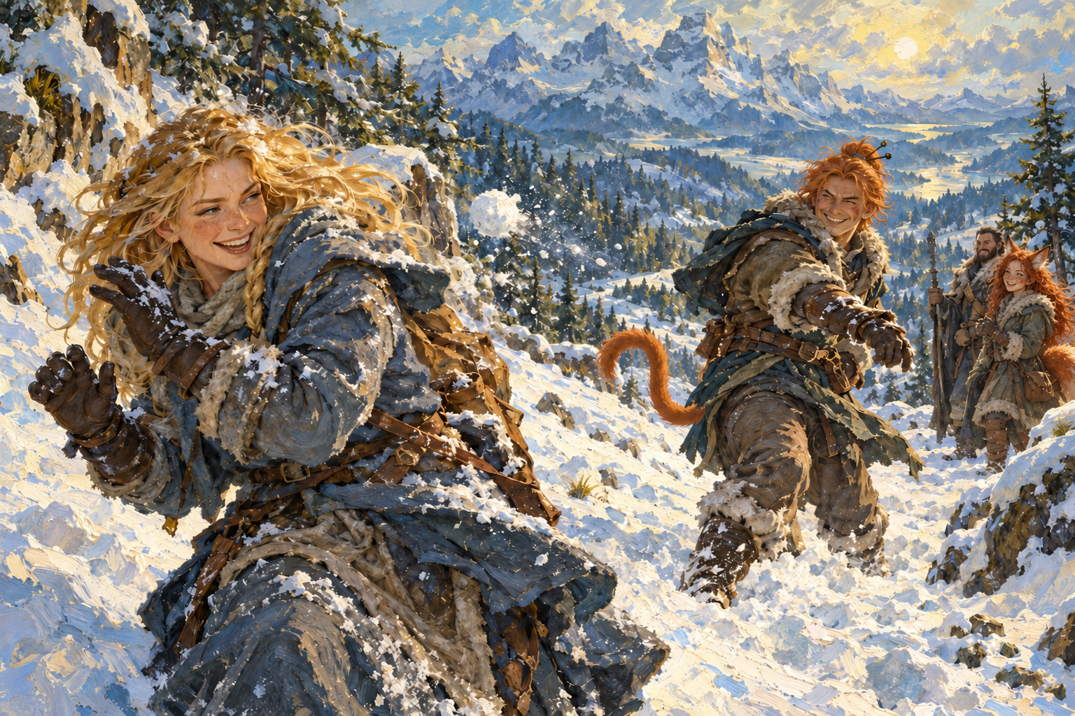 Warmly dressed Sam dodges a snowball from Fin on a snowy mountain trail.